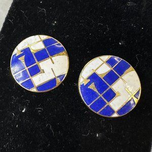Vintage Cloisonne Blue and White Mod Geometric Abstract Round Earrings